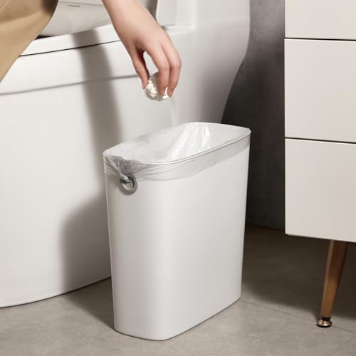 White 1.8 Gallon Slim Plastic Rectangular Trash Can with Trash Liner Holder O9214