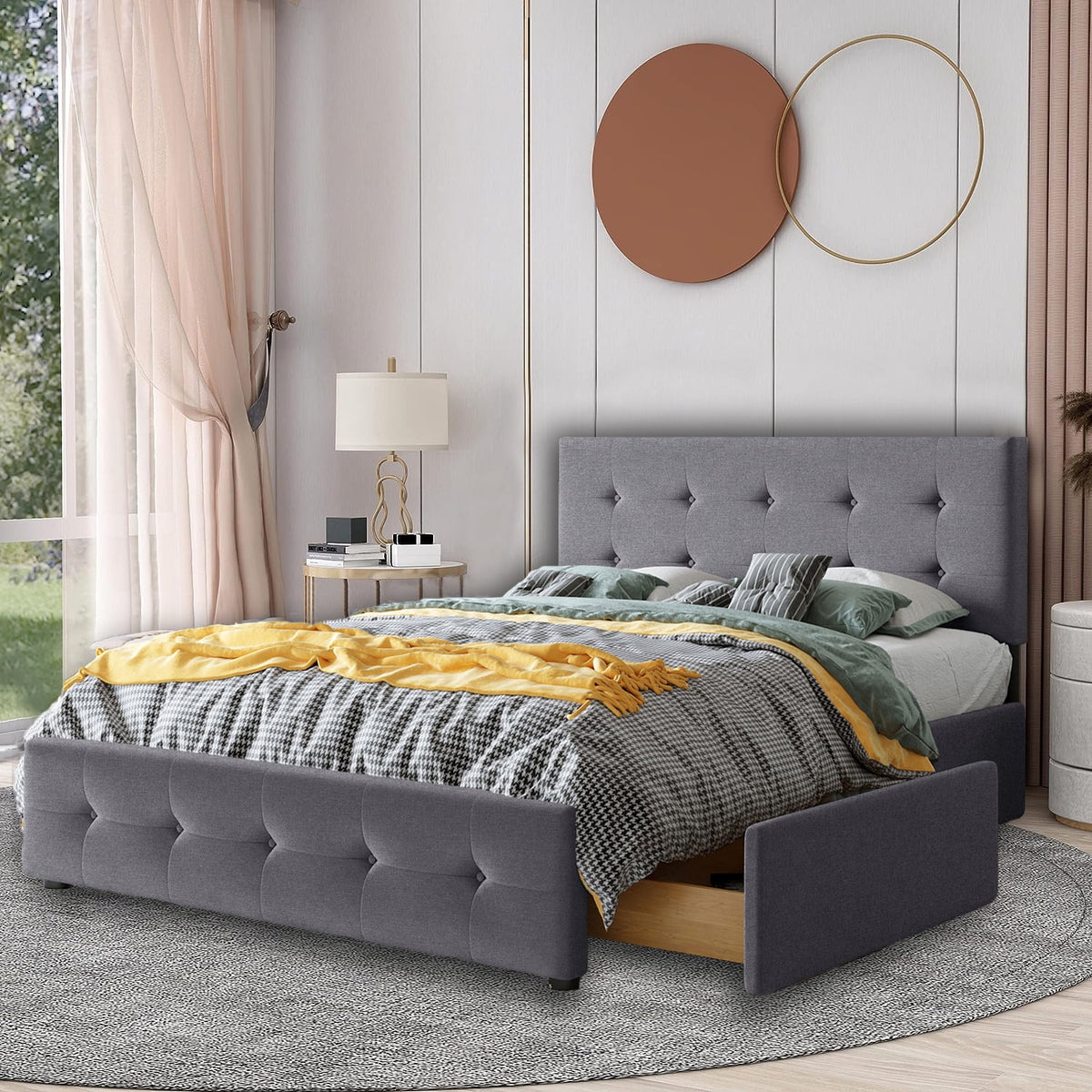 Upholstered Queen Size Bed with Headboard and 4 Drawers Linen Fabric Dark Gray Y7475