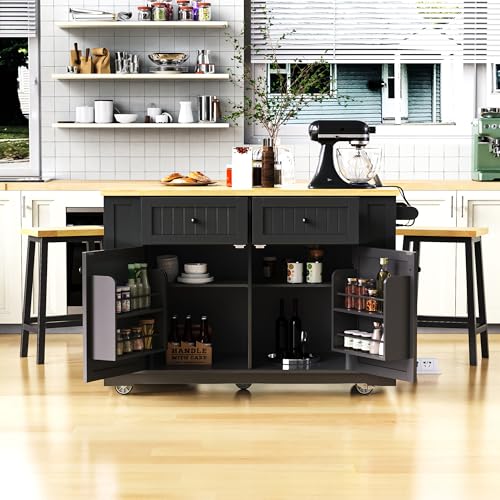 Black Kitchen Island with Power Outlet and Drop Leaf G551