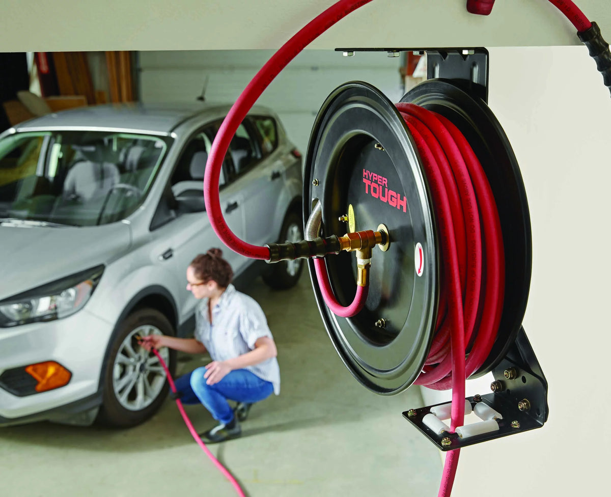 Heavy Duty Steel Hose Reel 3/8 in x 50 ft Rubber Air Hose A998618