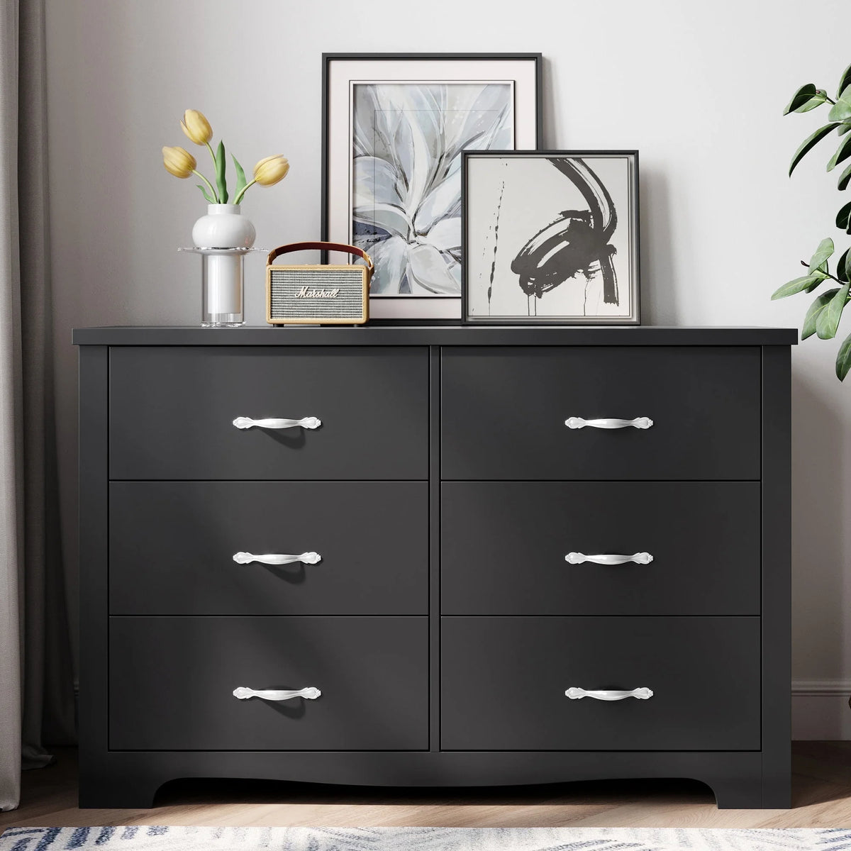 Black 6 Drawer Double Dresser A8084