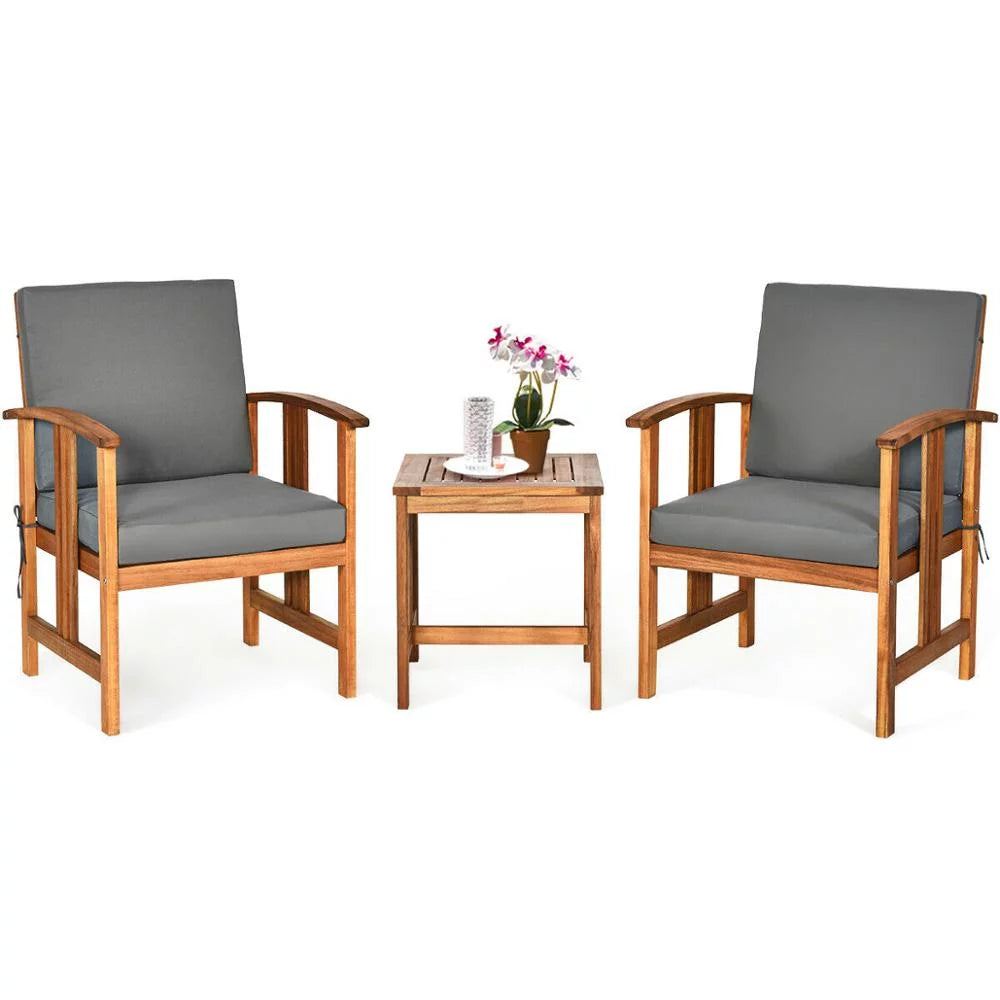 Grey 3PCS Solid Wood Cushioned Outdoor Sofa Set K882782