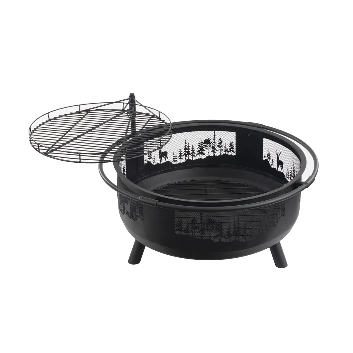 36" Round Fire Barrel with Grill, Screen, and Lift, Black F880