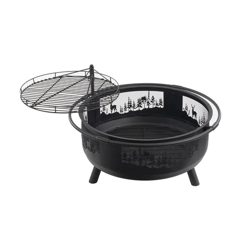 36" Round Fire Barrel with Grill, Screen, and Lift, Black F880