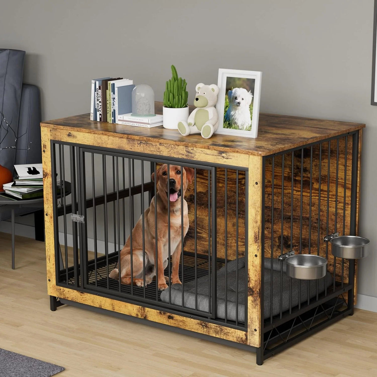 Wooden Dog Crate with 2 Stainless Steel Bowls A6892