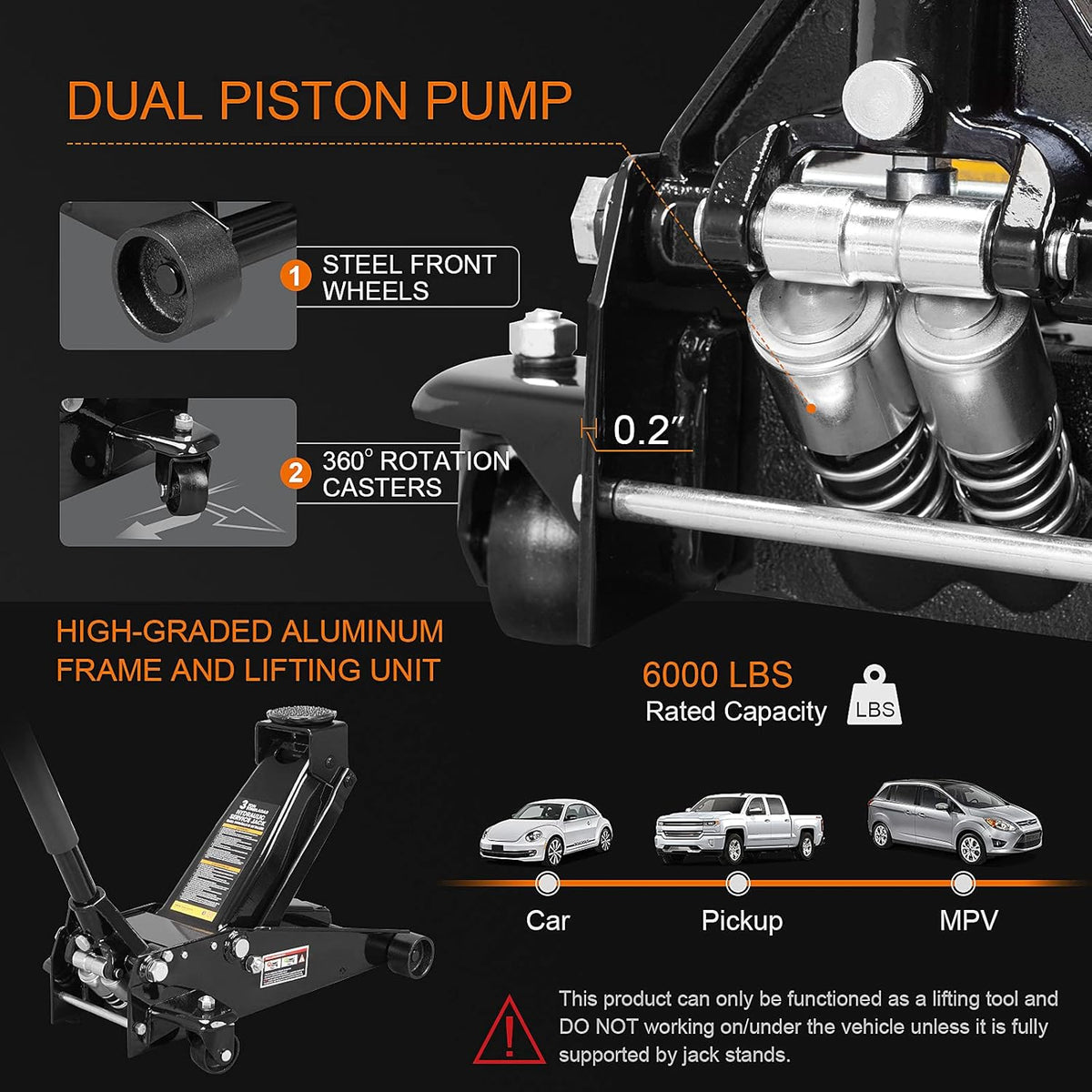 3 Ton Hydraulic Steel Floor Jack with Dual Piston Quick Lift Pump Y646