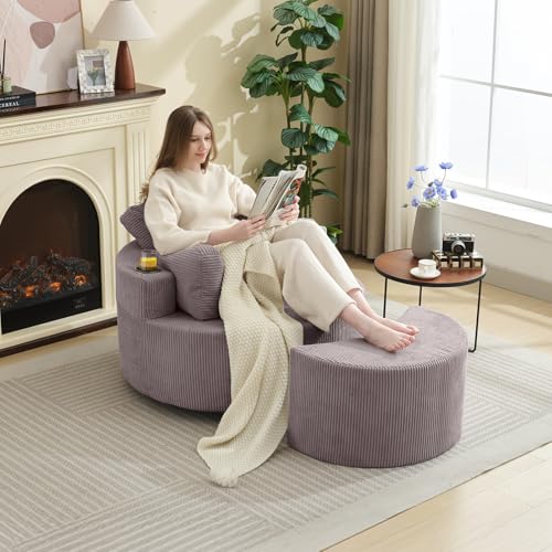 37" W Upholstered Round Barrel Accent Chair with Ottoman C6102