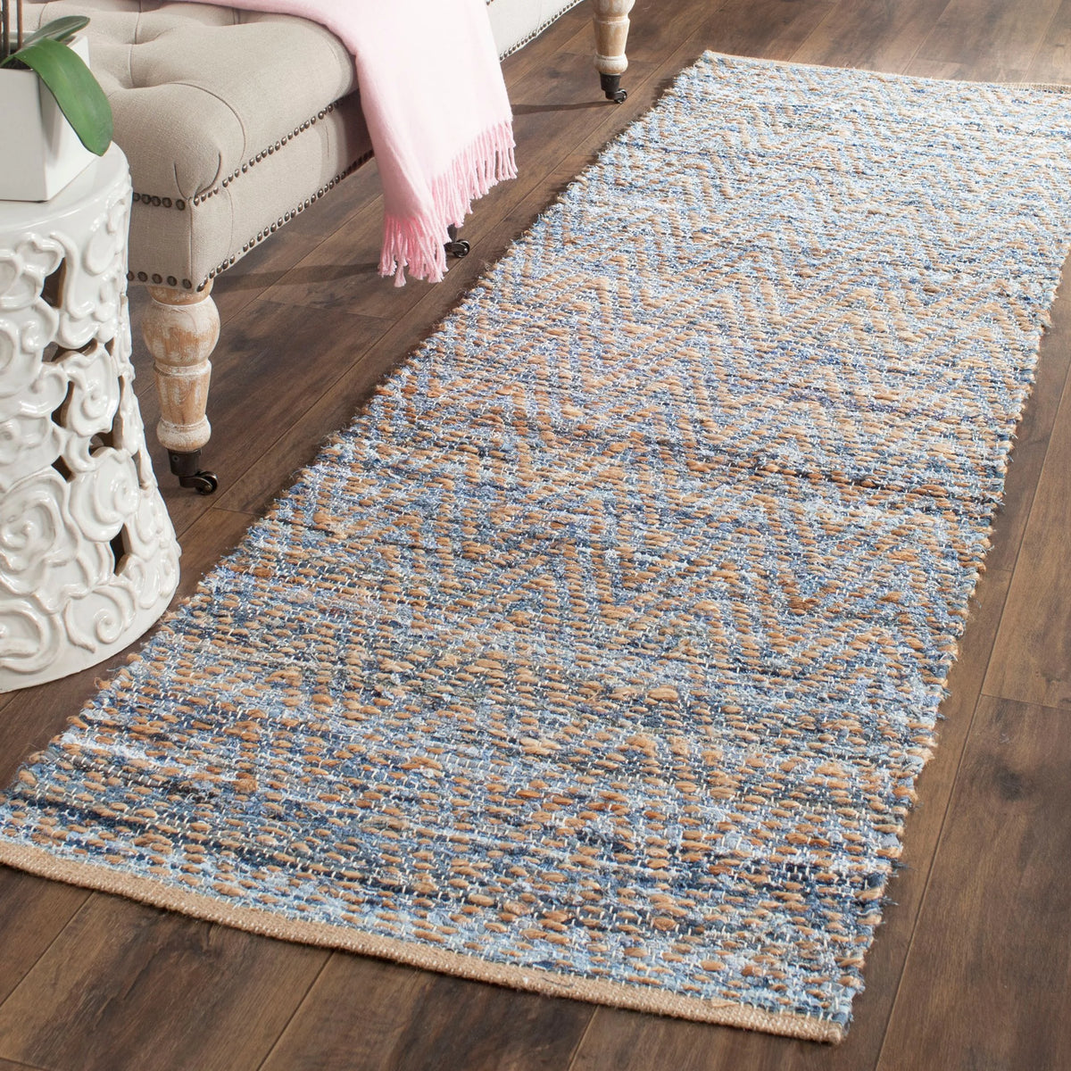2'3" x 14' Natural Blue Striped Jute Area Rug T6518
