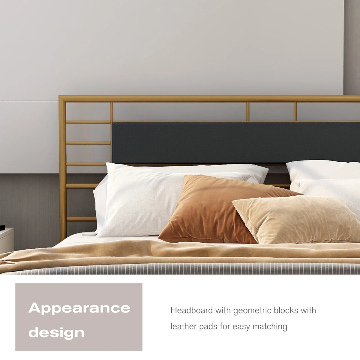 Queen Size Black Metal Platform Bed Frame with Leather Upholstered Headboard H82714