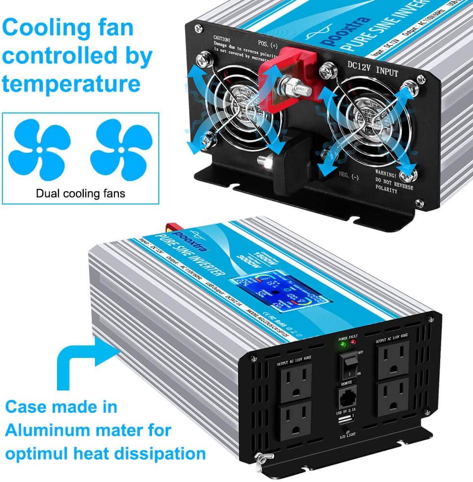1500 Watt Pure Sine Wave Power Inverter 12V DC to 110V AC with LCD Display USB Port 4 AC Outlets E7674