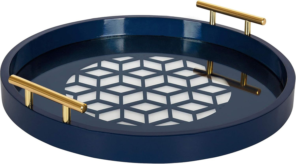 Navy and Gold Round Decorative Tray with Metal Handles L467026
