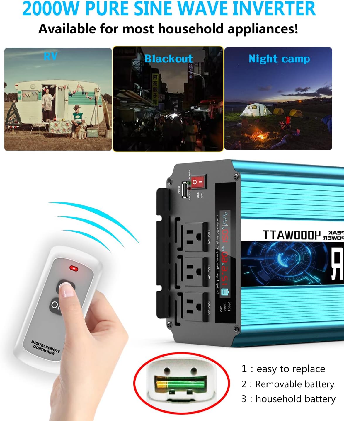 2000W Pure Sine Wave Power Inverter 12V DC to AC 110V/120V Converter with LCD Display U78144
