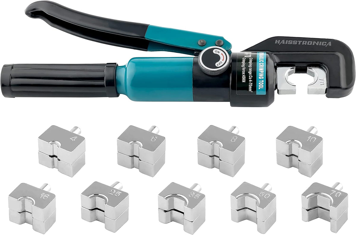 Hydraulic Battery Cable Lug Crimping Tool, AWG 12-2/0, 9 Pairs of Dies J3578