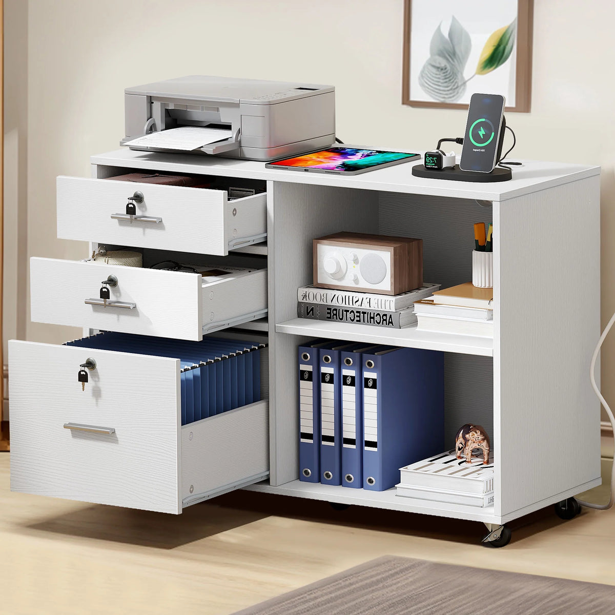 White 3 Drawer File Cabinet with Charging Station J607917