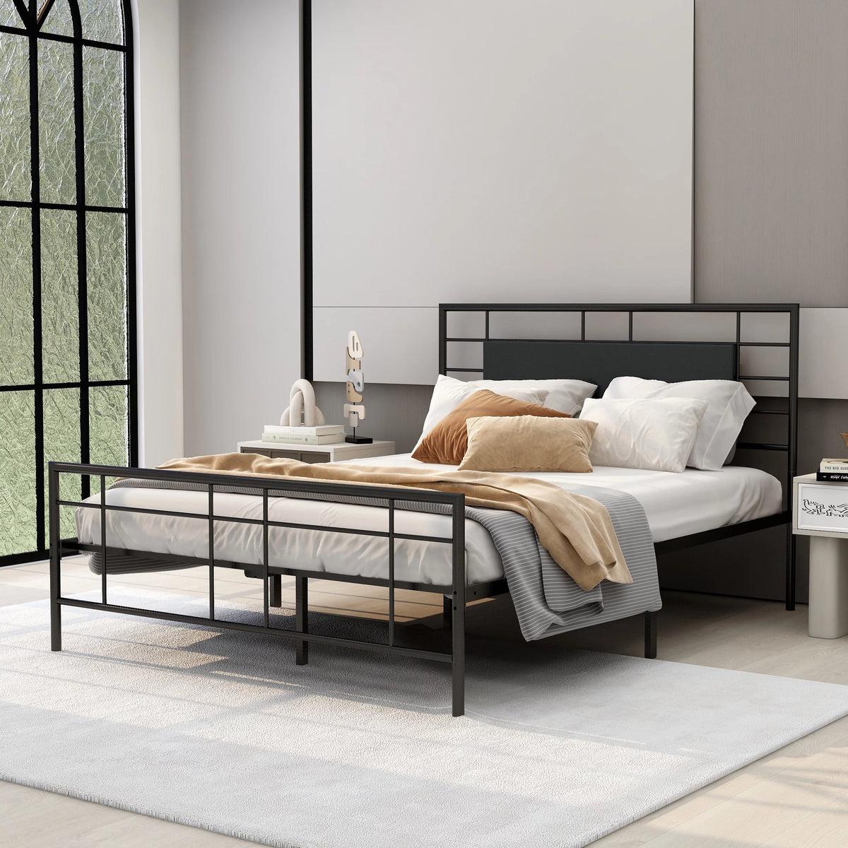 Queen Size Black Metal Platform Bed Frame with Leather Upholstered Headboard H82714