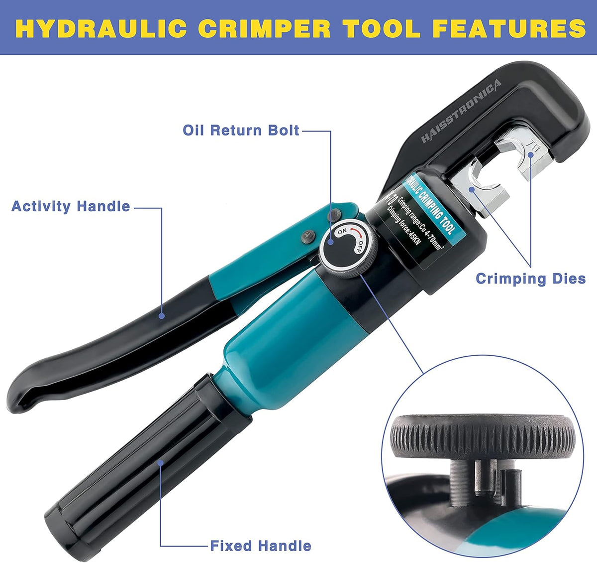 Hydraulic Battery Cable Lug Crimping Tool, AWG 12-2/0, 9 Pairs of Dies J3578