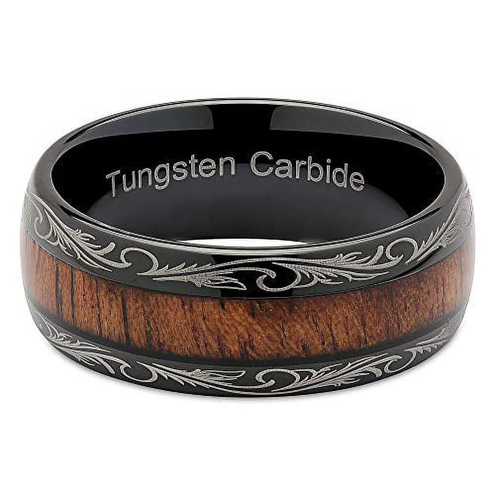 Tungsten Rings with Koa Wood Inlaid Dome Edge Comfort Fit I2217