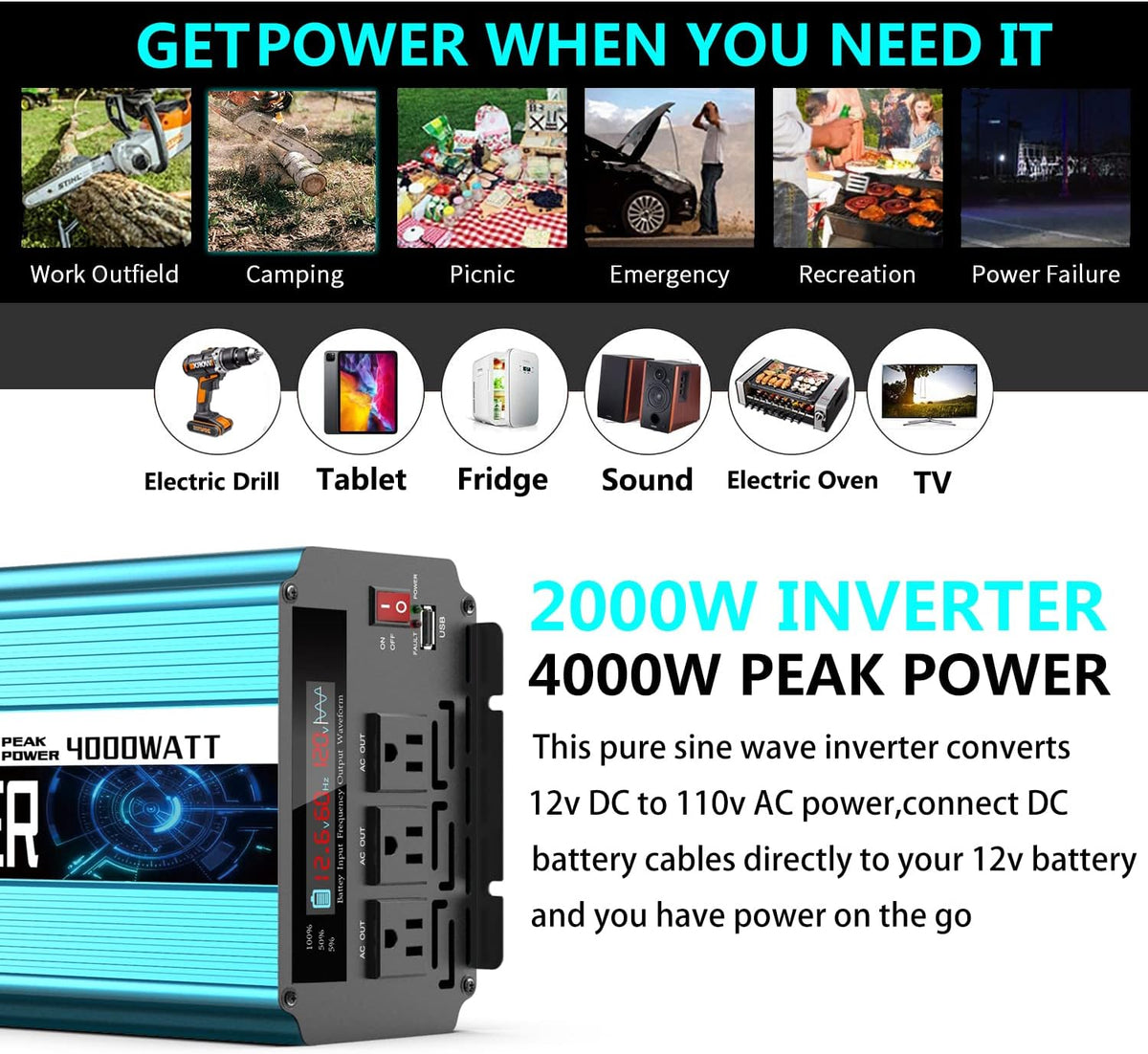 2000W Pure Sine Wave Power Inverter 12V DC to AC 110V/120V Converter with LCD Display U78144