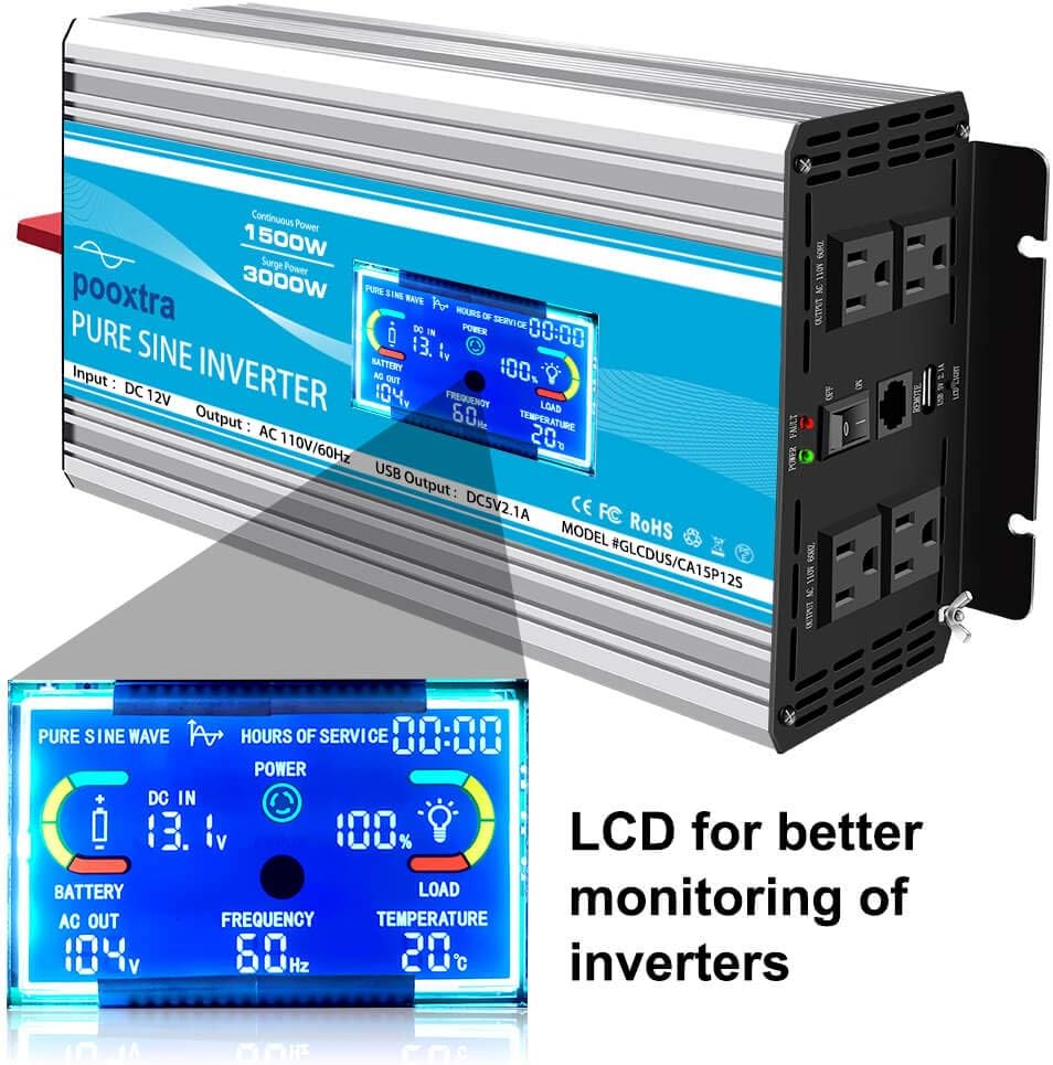 1500 Watt Pure Sine Wave Power Inverter 12V DC to 110V AC with LCD Display USB Port 4 AC Outlets E7674
