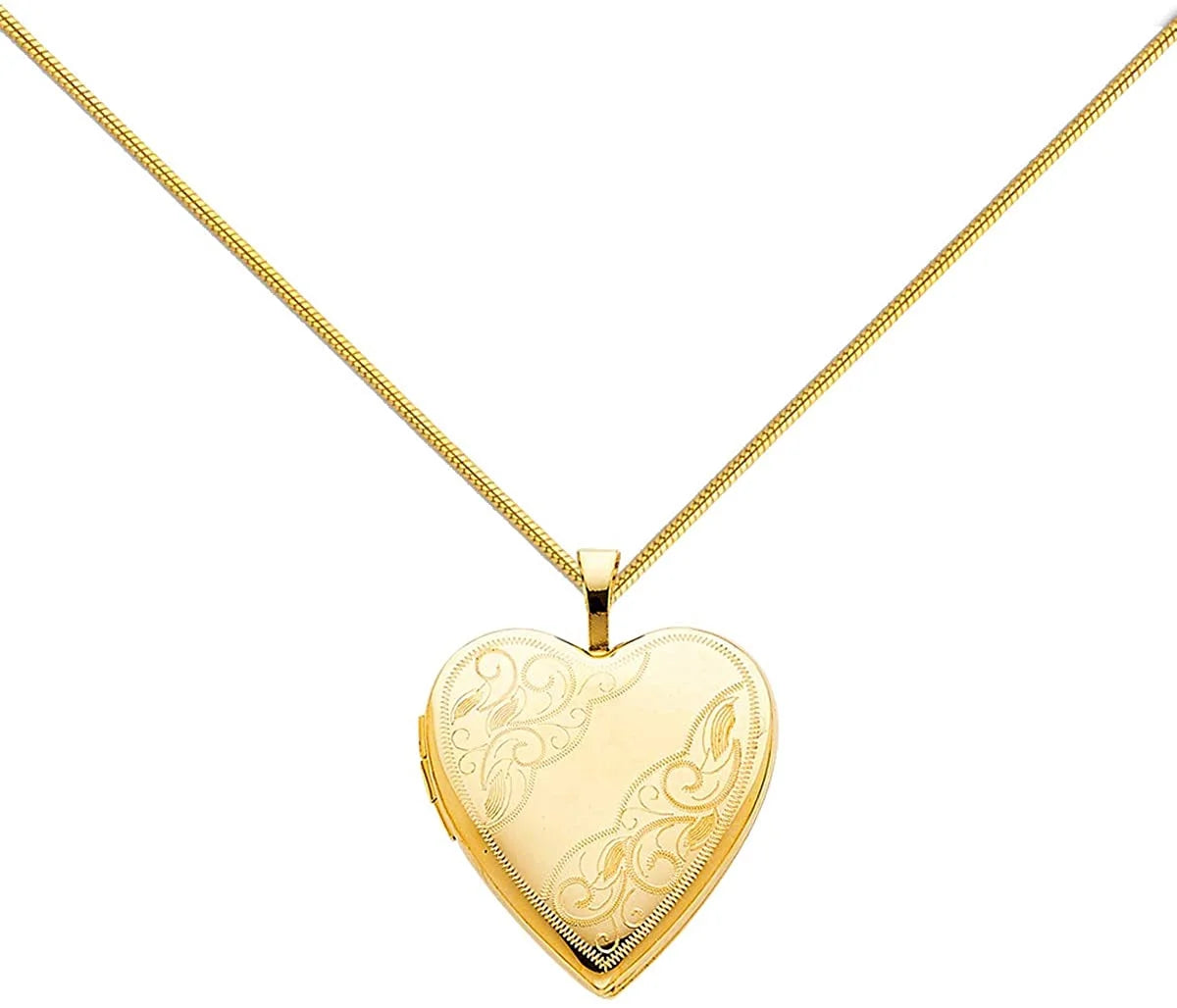 14K Yellow Gold Polished Love Heart Shaped Locket Pendants with 0.8mm Snake Chain O5878