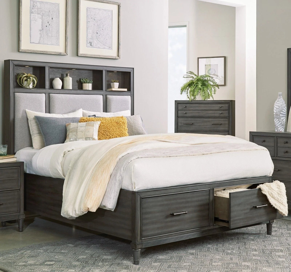 Queen Size Platform Bed with Storage USB Port Bookshelves LED Light Headboard R11255