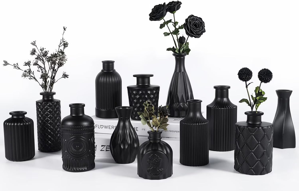 Set of 12 Green Black Glass Bud Vases Q2501