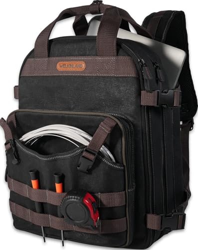 Black Wax-Canvas 90-Pockets Electrician Backpack O612