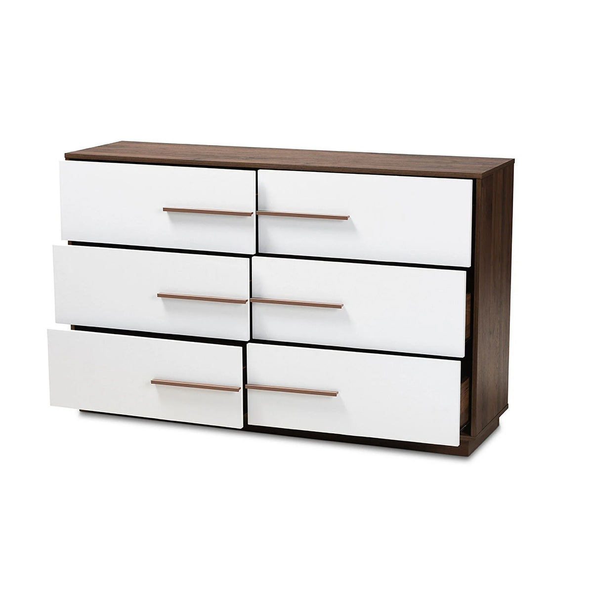White and Walnut 6-Drawer Wood Dresser D288