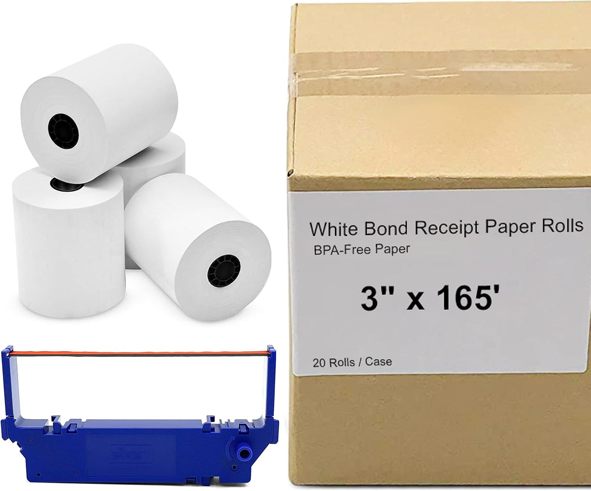 20 Roll Case of 3 x 165' Clover White Bond Receipt Roll Paper for Star SP700 Printer and 1 Star RC700BR Black/Red Printer Ink Ribbon Pack of 2 K40943
