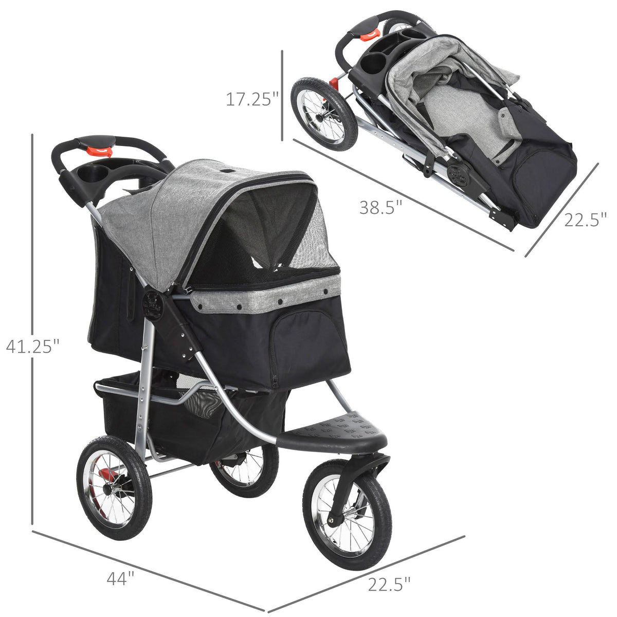 Grey Folding Pet Stroller with Adjustable Canopy H76883