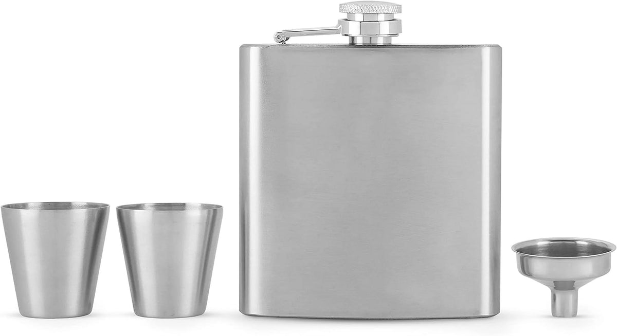 Silver Stainless Steel Flask and Shot Glass Set of 3 Z164852