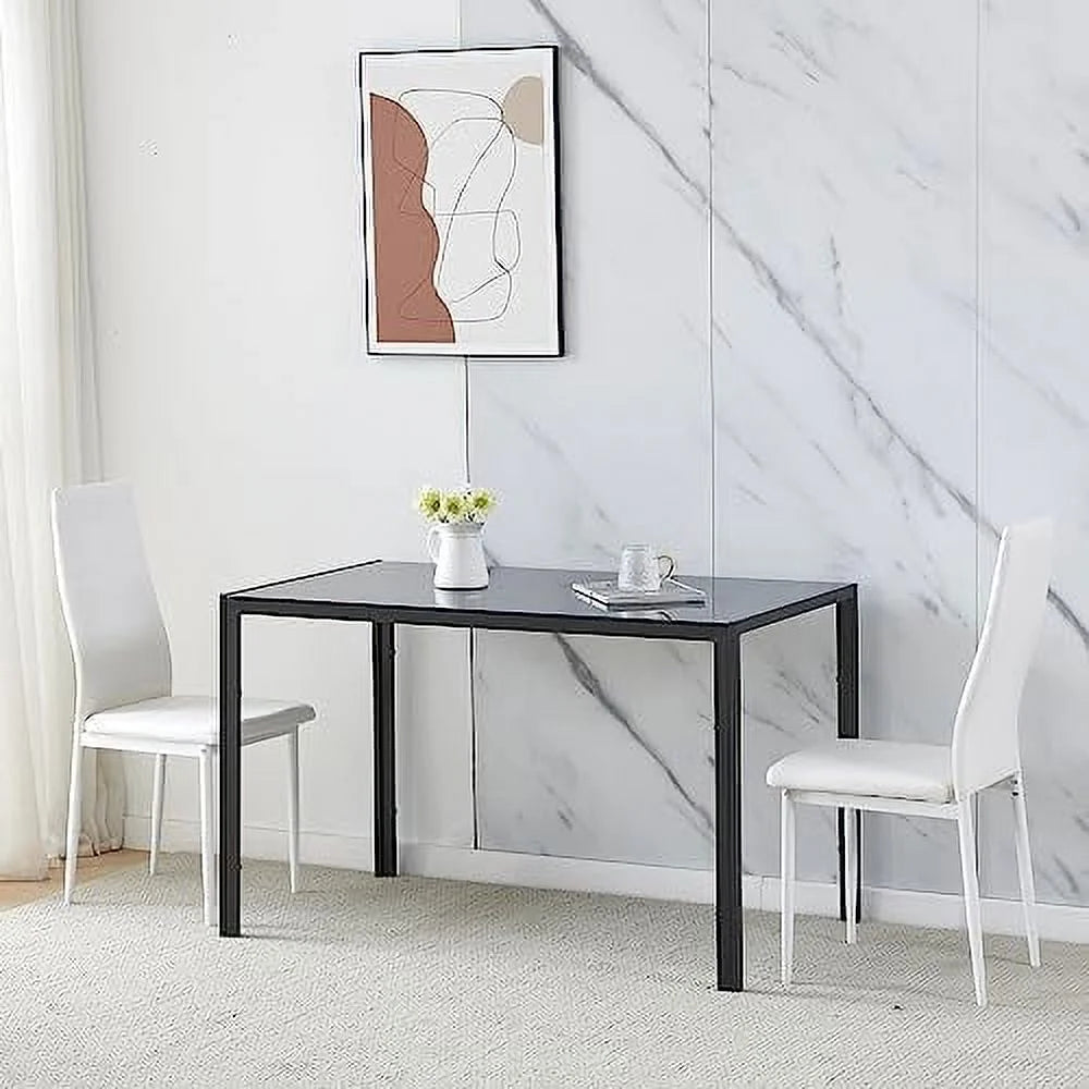Grey Tempered Glass Dining Table Set with 2 White Faux Leather Chairs M429624