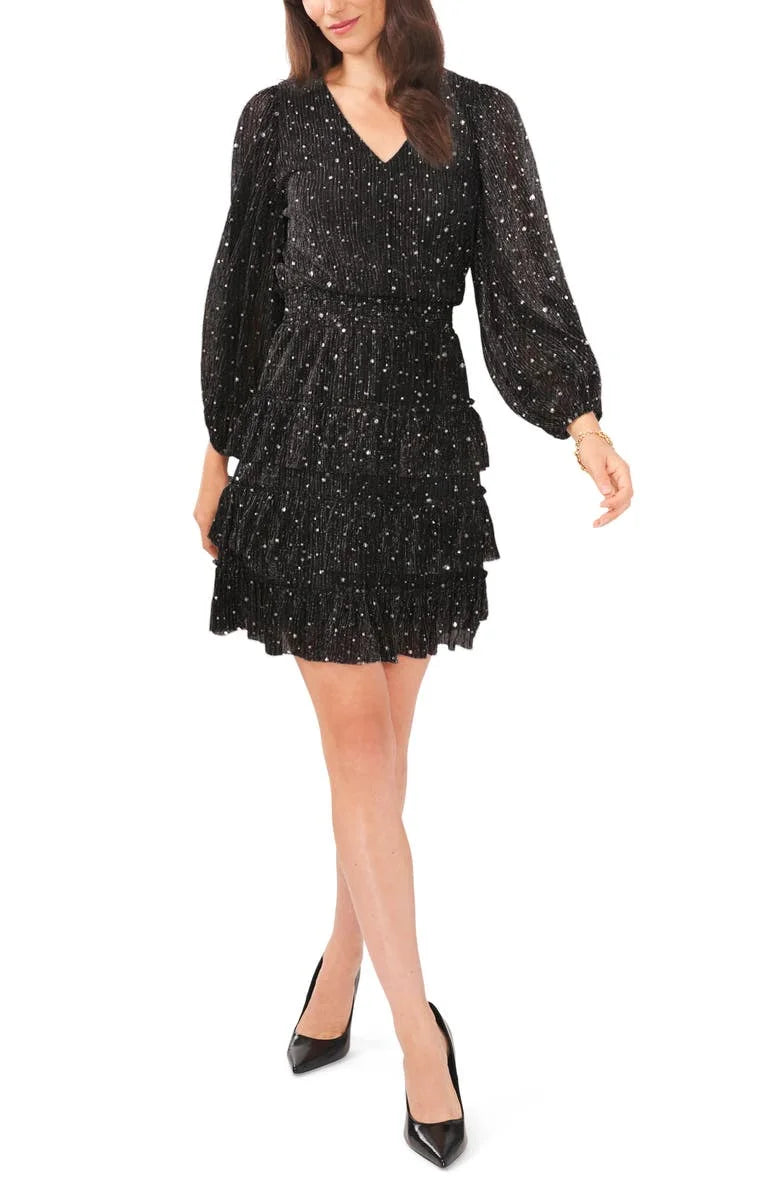 Gray Tiered Metallic Long Sleeve Dress H68208