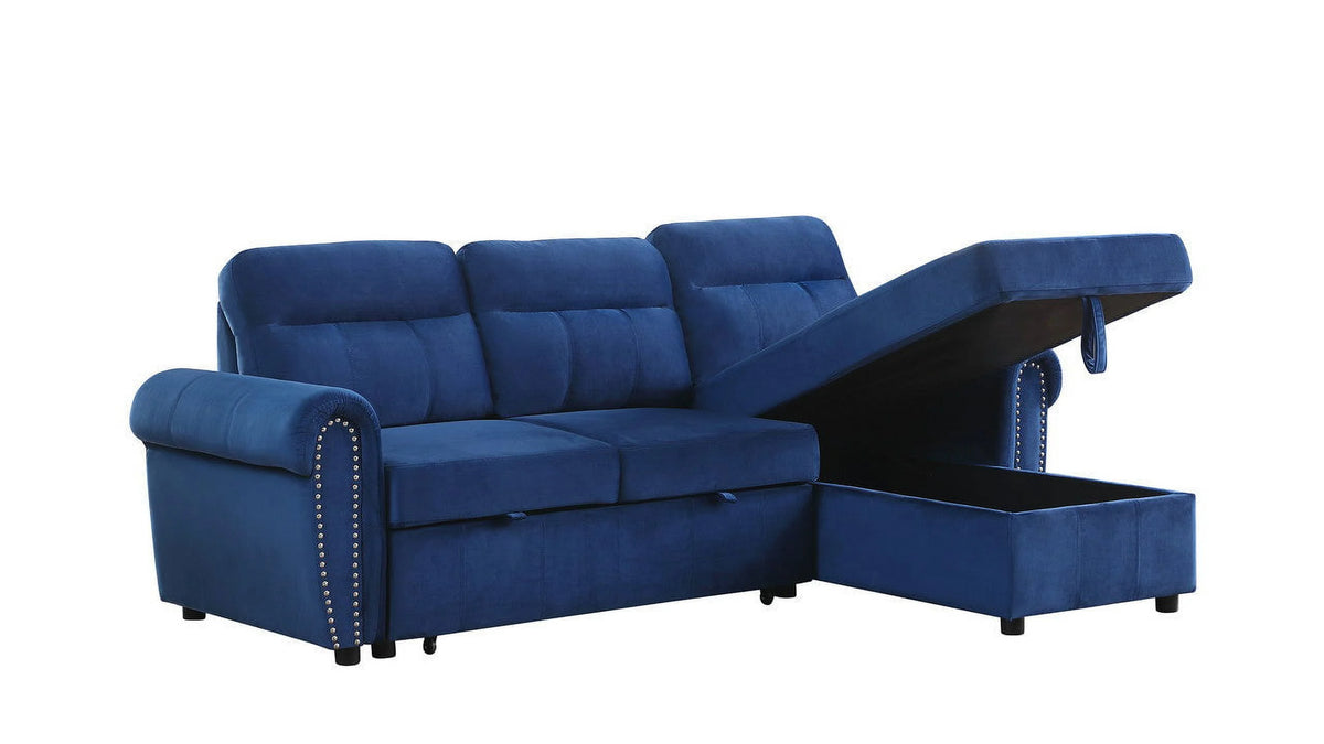 Blue Velvet Reversible Sleeper Sectional Sofa Chaise F999433