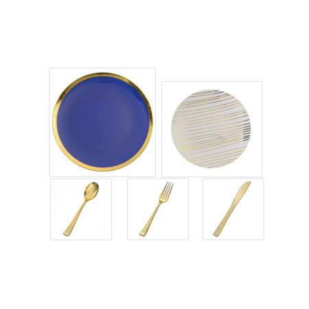 Navy and Gold 10.25 inch Dinner Plastic Plates + White and Gold 8 inch Salad Plastic Plates + Gold Cutlery G7163