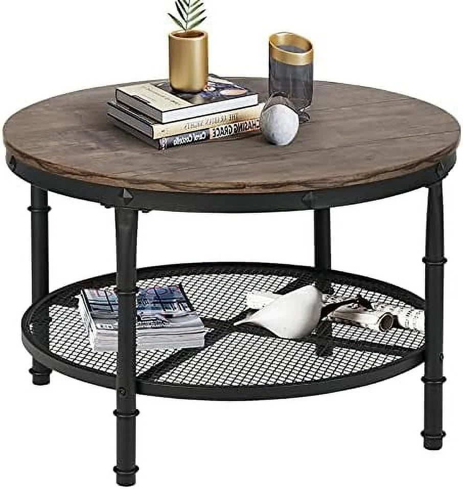 Small Round Coffee Table with Wood Top Metal Legs 2-Tier Grey V351