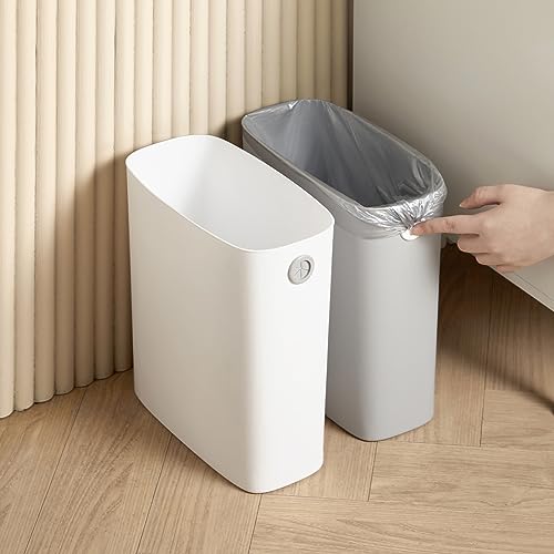 White 1.8 Gallon Slim Plastic Rectangular Trash Can with Trash Liner Holder O9214
