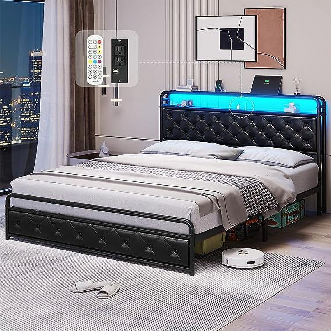 Queen Size Faux Leather Upholstered Platform Bed Frame with Storage Headboard J41973