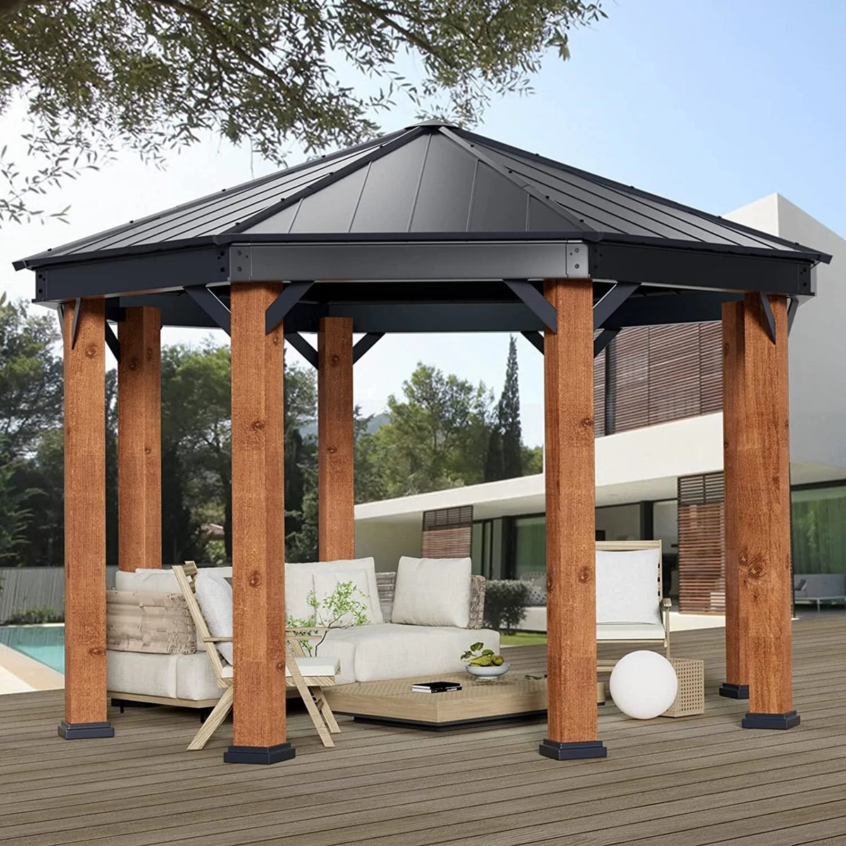 Outdoor Galvanized Steel Roof Gazebo Pergola with Privacy Curtains and Nettings B522771