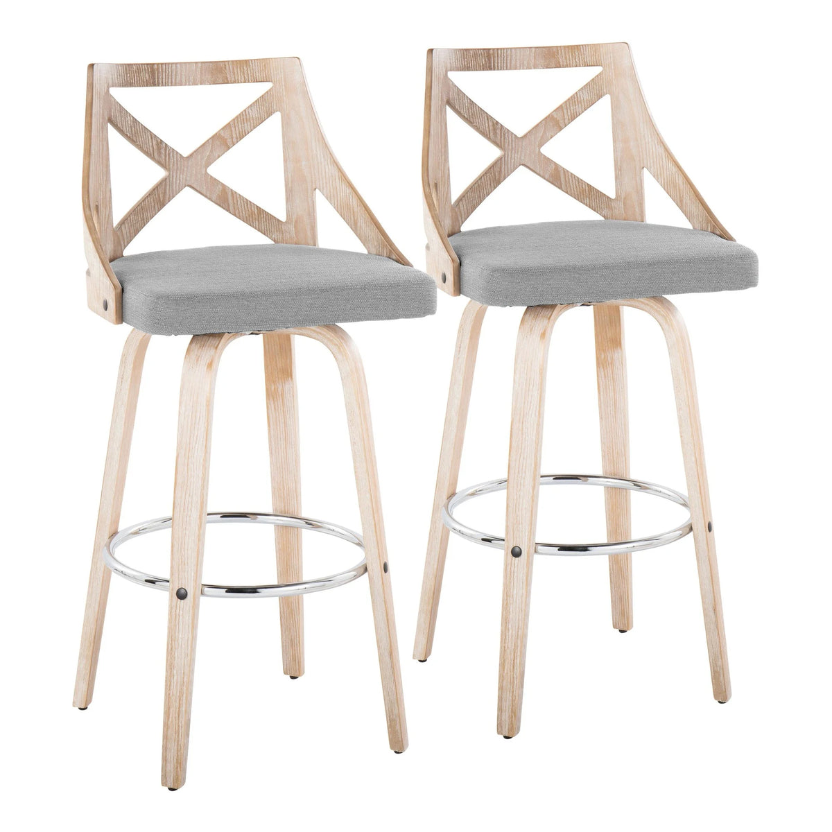 White Washed Wood Light Grey Fabric Swivel Barstool Set of 2 D922