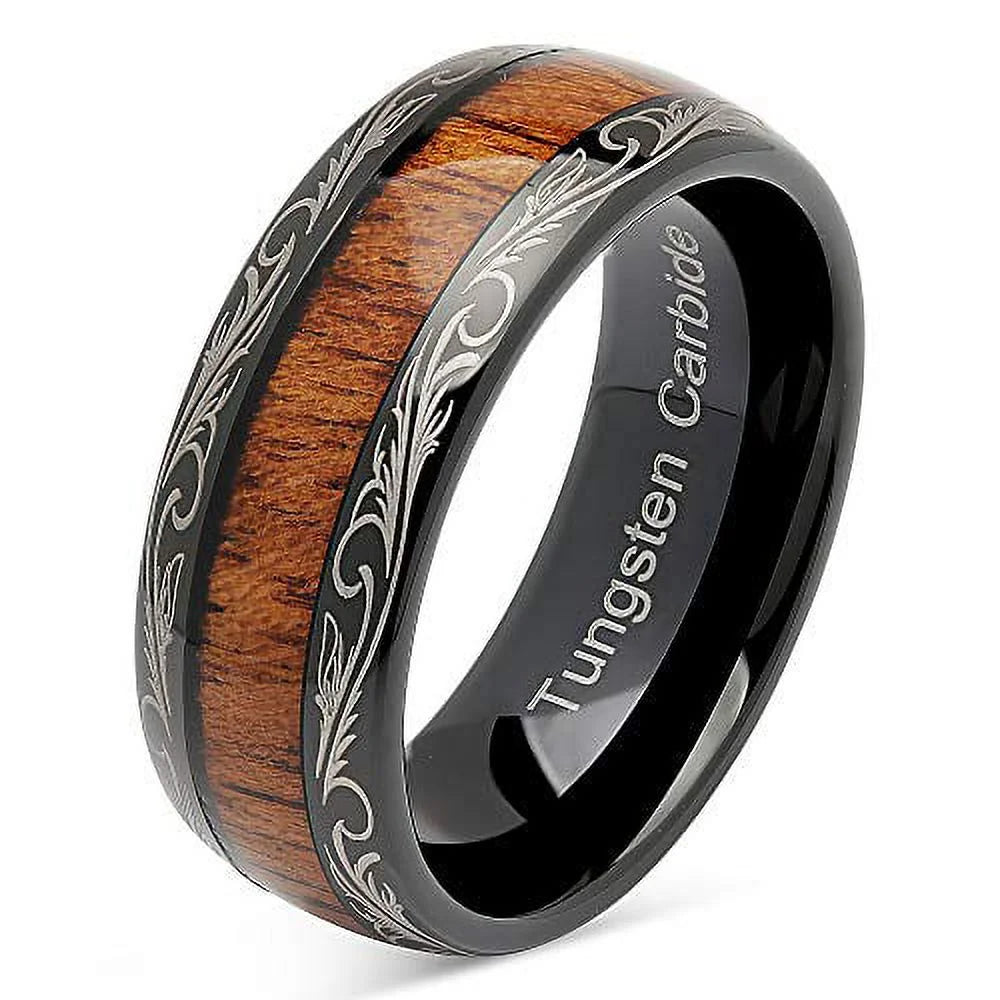 Tungsten Rings with Koa Wood Inlaid Dome Edge Comfort Fit I2217