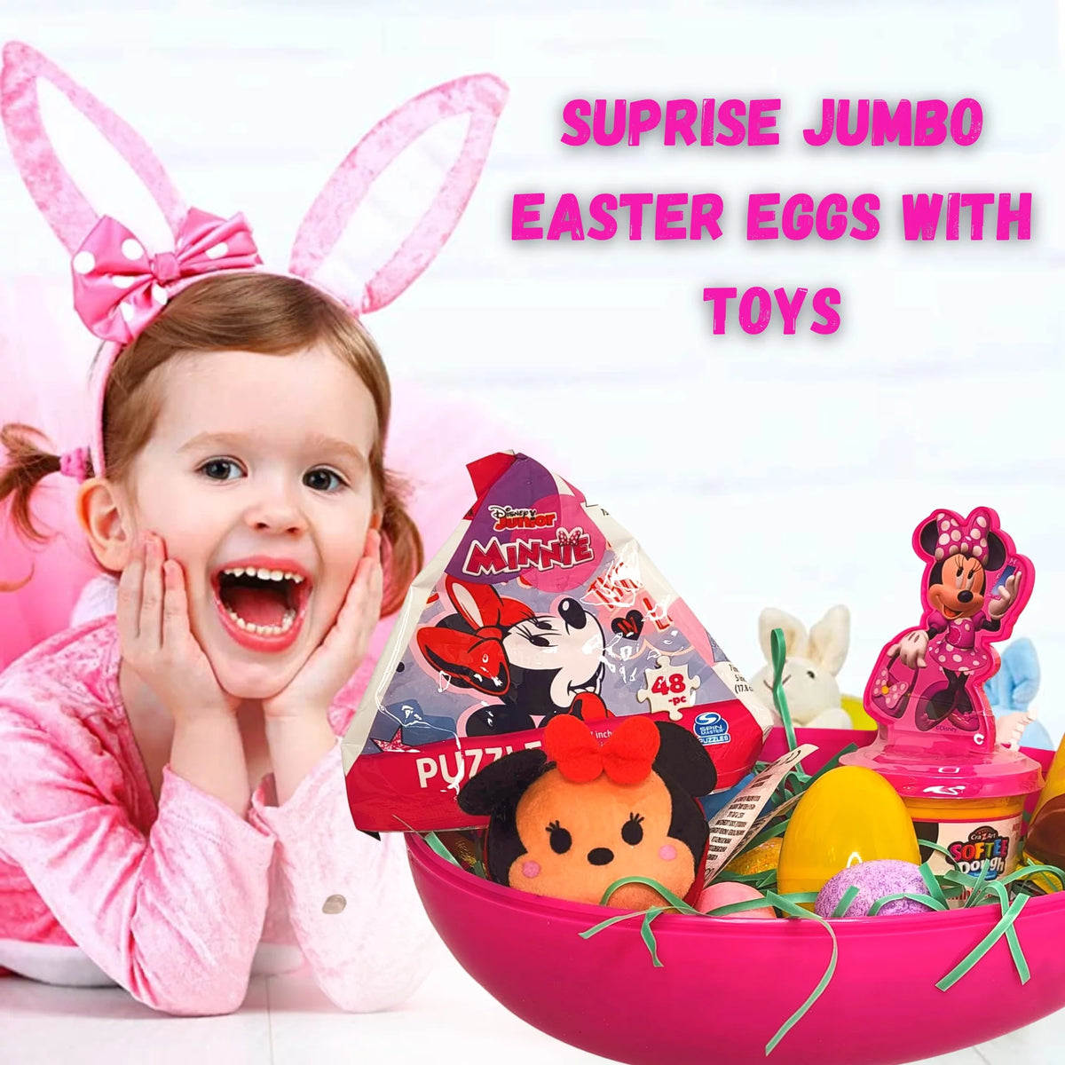 Jumbo Egg with Minnie Mouse Plush Toy Kiddy Dough Figure Eggs Candies Reusable Plastic Egg-Shaped Container V422
