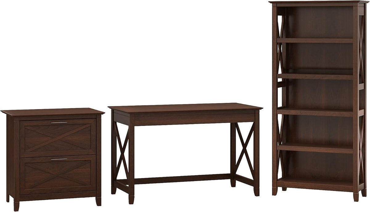 54W Computer Desk with 2 Drawer Lateral File Cabinet and 5 Shelf Bookcase, Pure White Oak F68079