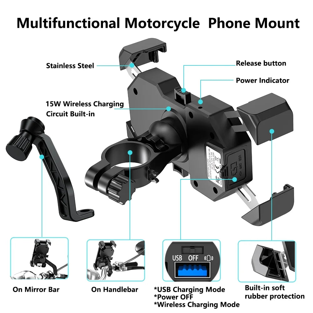 Motorcycle Phone Mount with Wireless and USB Charger 15W Qi Fast Charging Cell Phone Holder O6513