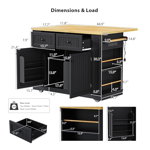 Black Kitchen Island with Power Outlet and Drop Leaf G551
