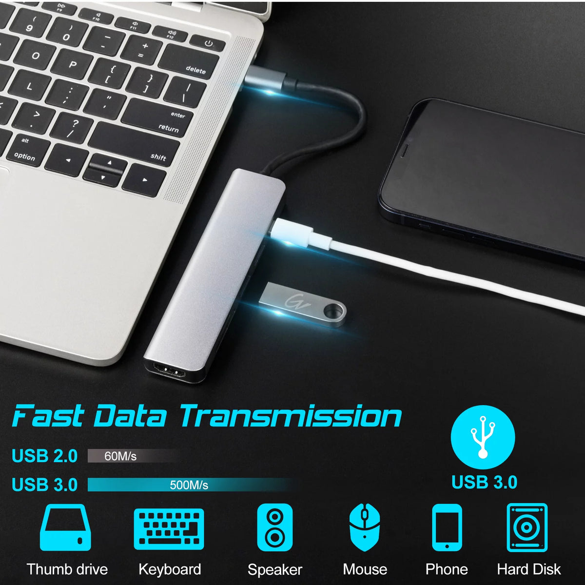 USB-C Hub 6 in 1 with 4K HDMI Output 3 USB 3.0 Ports SD/TF Card Reader X773