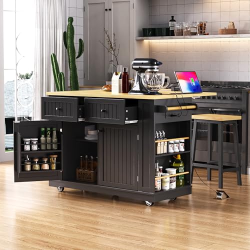 Black Kitchen Island with Power Outlet and Drop Leaf G551