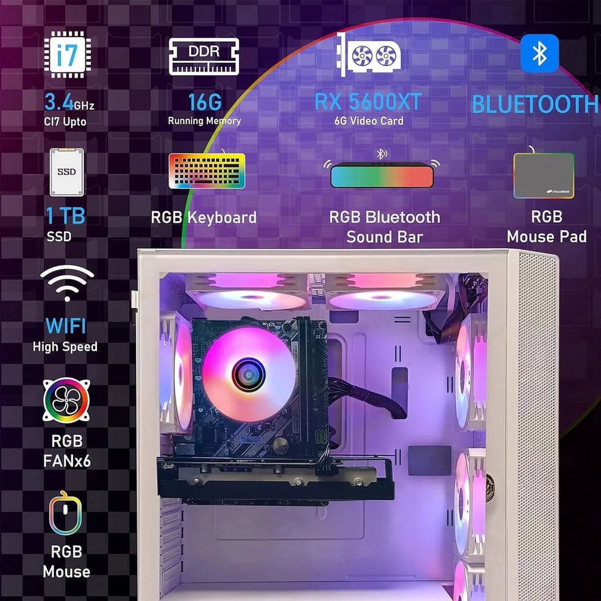 Gaming Desktop PC, Intel Core i7 3.4G up to 3.9G, 16G RAM, 1T SSD, Radeon RX 5600 XT 6G W63642