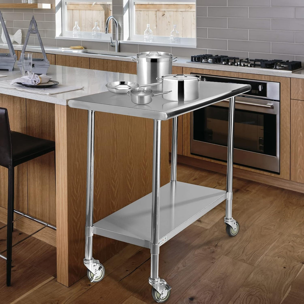 Stainless Steel Table with 4 Caster Wheels and Adjustable Undershelf D86126