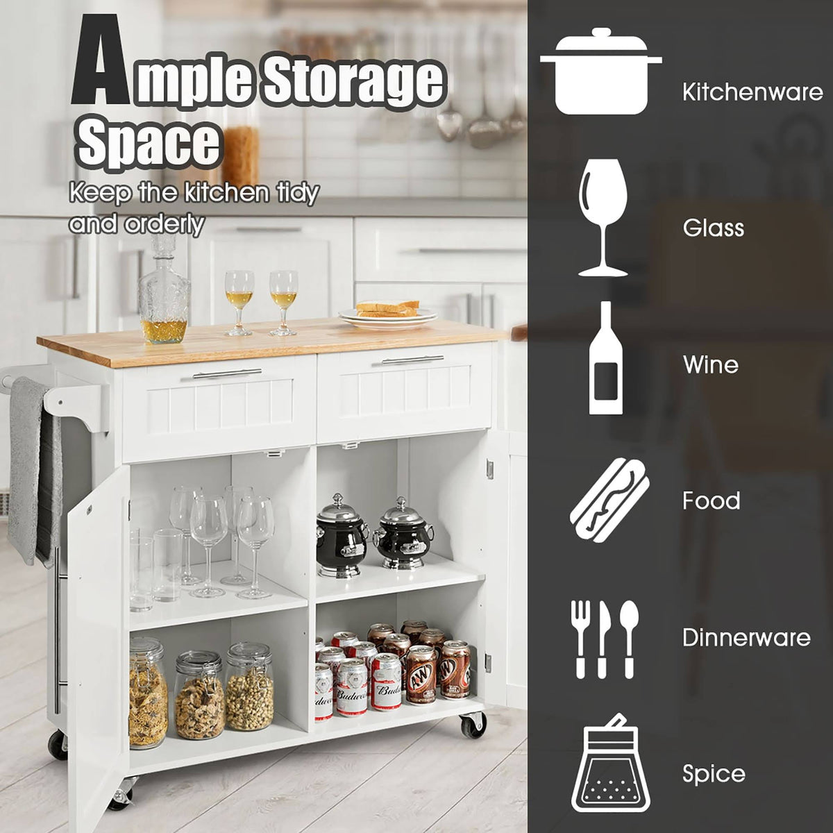 White Wood Rolling Kitchen Cart H229